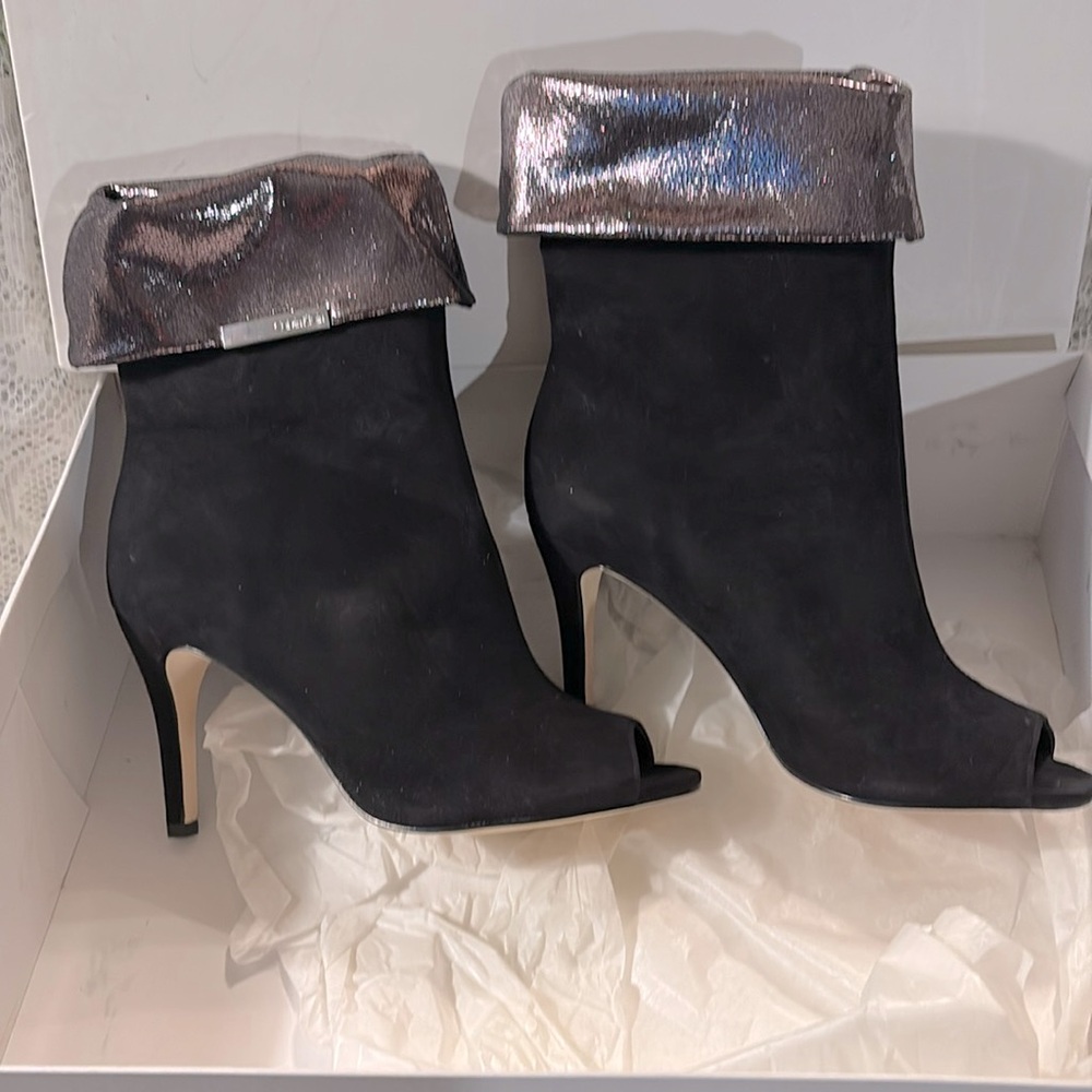 New in Box Calvin Klein Women Kaiya  K Suede / Crackled Met Open Toe Boots